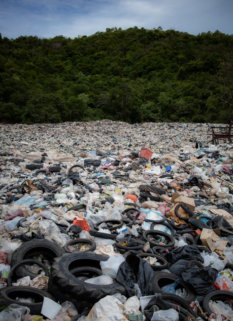 A large open landfill site covered with a substantial accumulation of various types of waste, including discarded tires, plastic bottles, cardboard boxes, and fabric materials. The tires are scattered